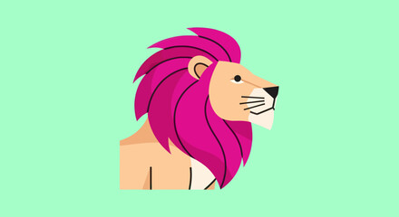 Illustration of a Lion with a Pink Mane on a Green Background.
