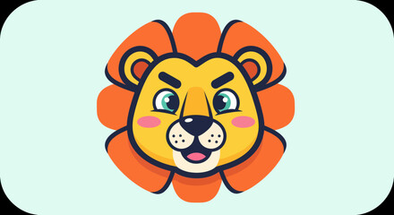 Cute cartoon lion face with orange mane and blue eyes.