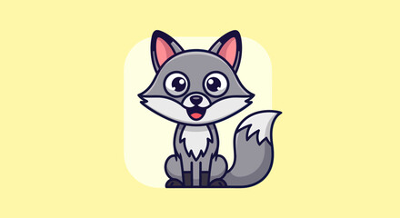 Cute gray cartoon fox sitting happily with a bushy tail.