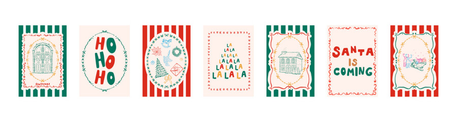 Hand-drawn Christmas Vector Poster Set. Sketch style greeting cards and banners with festive elements. Perfect for holiday design and prints. Includes line art doodles.