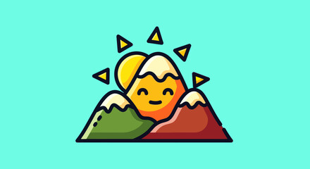 Cute Cartoon Mountains with Smiling Sun Illustration.