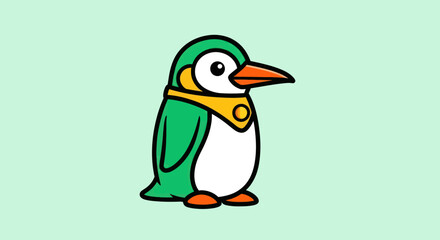 Cute cartoon penguin with green wings and yellow scarf.
