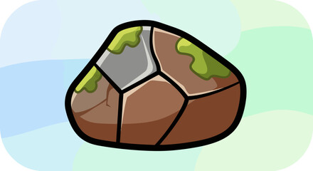 Detailed illustration of a cracked stone with mossy patches and dark outlines.
