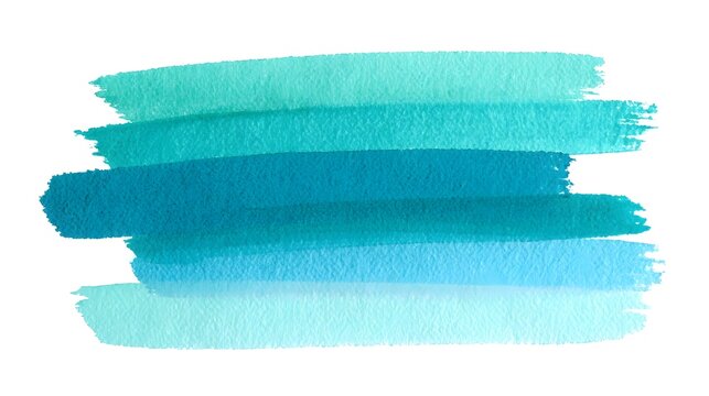 Collection of horizontal watercolor brushstrokes featuring a vibrant gradient of aqua teal and blue colors with a distinct textured effect ideal for creative backgrounds