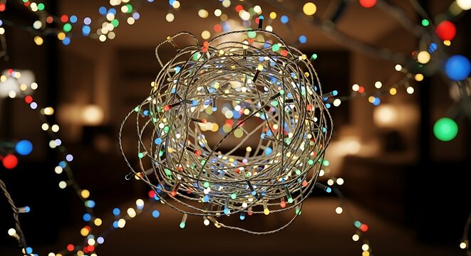A tangled ball of colorful fairy lights glows brightly creating a magical bokeh effect in the background