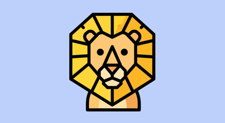 Geometric Lion Head Illustration with Golden Mane and Bold Outline.