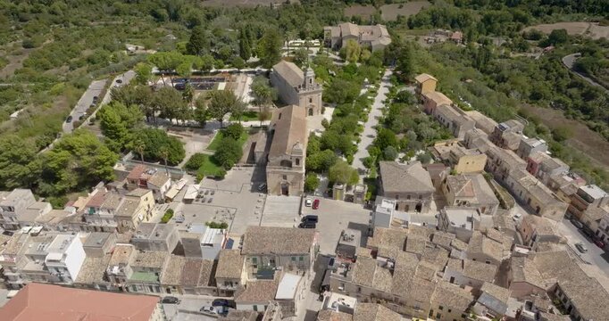 Aerial view of the Iblean Garden, located in Ragusa Ibla, Sicily, Italy. It is the oldest of Ragusa's gardens. It stands on a rocky spur overlooking the Irminio Valley, at the eastern edge of the town