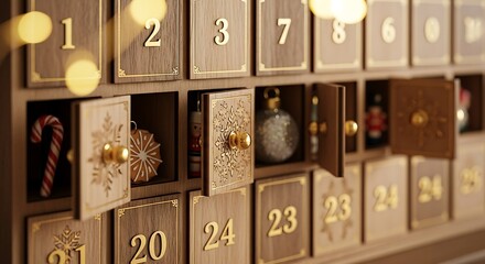 Intricate advent calendar with open doors revealing small gifts and festive decorations for christmas countdown