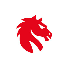 Vibrant red stylized horse head icon. Dynamic, strong, and powerful mascot or emblem design on a clean white background.