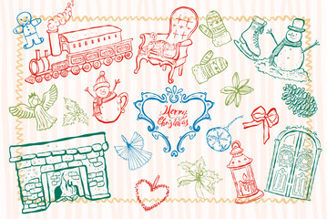 Hand-drawn Christmas doodle elements set. Vector sketch collection of holiday icons and decorations (Santa, trees, gifts, snowflakes). Perfect for pattern and design.