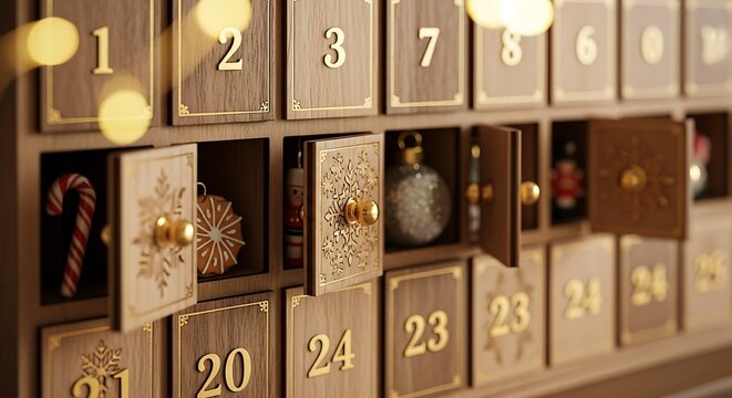 Intricate advent calendar with open doors revealing small gifts and festive decorations for christmas countdown