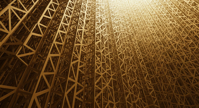 Abstract image of a complex golden geometric pattern, showing structural support. Represents connection, engineering, and architectural concepts