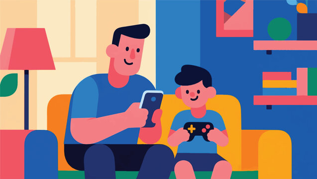 Illustration Of A Father And Son Playing A Game  Vector Design Template