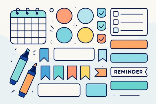 Colorful planner and schedule elements including calendar, markers, labels, and checklist icons on a light creative background. Ai generative. Ai generative