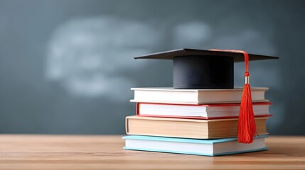 A black graduation cap with an orange tassel is placed on a stack of books of various colors on a wooden surface set against a blurred chalkboard symbolizing educational accomplishment