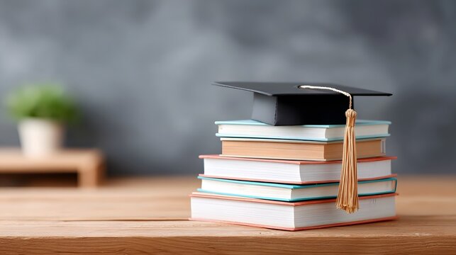 A black graduation cap with a gold tassel rests on a stack of colorful books placed on a wooden surface representing the culmination of studies and the pursuit of knowledge