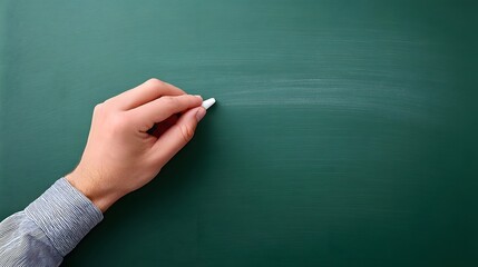 Close up of a hand holding chalk against a textured green chalkboard symbolizing a moment of teaching learning brainstorming or creative thought