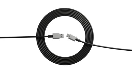 Black usb c cable coiled in a circle with white connectors on a transparent background