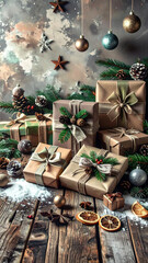 The image shows beautifully wrapped Christmas gifts in kraft paper with ribbons and fir branches. Surrounding them are pine cones, baubles, dried oranges, and snow, creating a warm, festive atmosphere