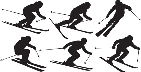 Vector-designed set of skier silhouette icons showing various skiing poses for winter sports Collection
