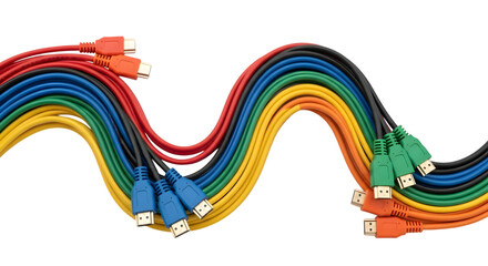 Colorful computer cables flowing in a wave pattern against a transparent background