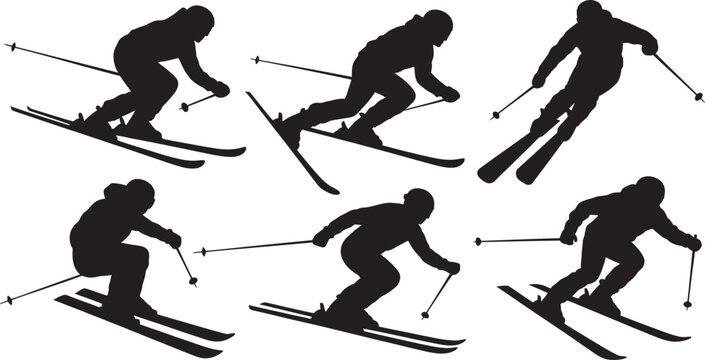 Vector-designed set of skier silhouette icons showing various skiing poses for winter sports Collection
