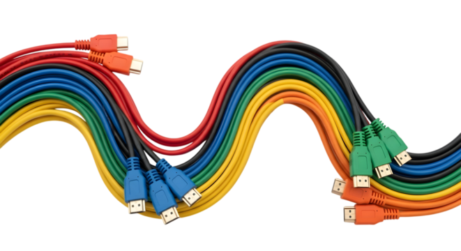 Colorful computer cables flowing in a wave pattern against a transparent background