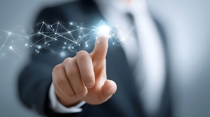 Close up of a person in a suit interacting with a luminous abstract network of nodes and lines representing technological advancement data flow and future possibilities in business and science