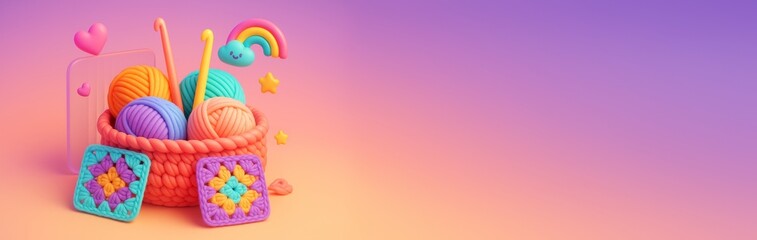 Colorful crochet yarn basket with cute decorations and empty gradient background for banner or promotion template with copy space. Ai generative