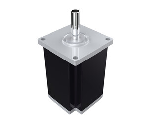 High-Resolution 3D Render of Black NEMA Stepper Motor with Silver Shaft and Mounting Flange – Essential Precision Actuator for CNC, 3D Printing, and Robotics Technology on Transparent PNG Background