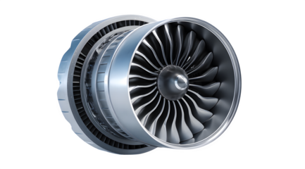 Modern turbofan jet engine on a white background, showcasing advanced aerospace engineering and propulsion technology.