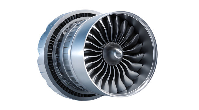 Modern turbofan jet engine on a white background, showcasing advanced aerospace engineering and propulsion technology.