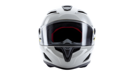White full-face motorcycle helmet with a clear visor, emphasizing rider safety and protective gear for sport.