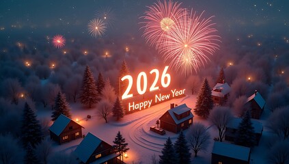 Happy New Year 2026 fireworks over snowy winter village at night