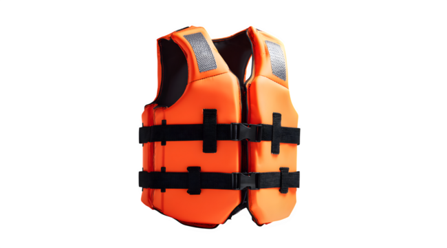 Orange life vest with adjustable straps and reflective details, essential safety gear for water sports and recreation