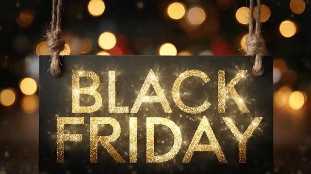 A dark sign hanging from ropes displays the words BLACK FRIDAY in sparkling gold letters set against a background of warm blurry lights