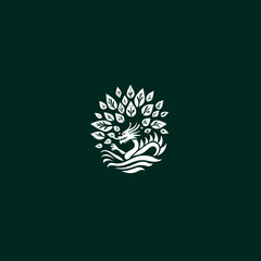 Obraz premium Elegant stylized oriental dragon with nature leaves and waves. Mythical creature and botanical emblem design concept.