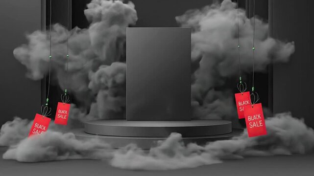 A dark pedestal display with a central slab enveloped in smoke with hanging red tags labeled BLACK SALE