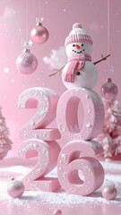 A 3D New Year's sign with the number 2026, decorated with Christmas tree decorations and a snowman, all in pink tones.
