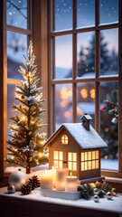 A small decorated Christmas tree and a lantern-shaped house with glowing candles sit on the windowsill. Outside, a winter evening, snow, and house lights illuminate the sky.