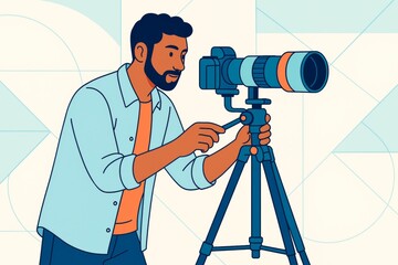 Photographer adjusting camera on tripod with modern lens, illustrated in flat abstract style on light geometric background. Ai generative. Ai generative