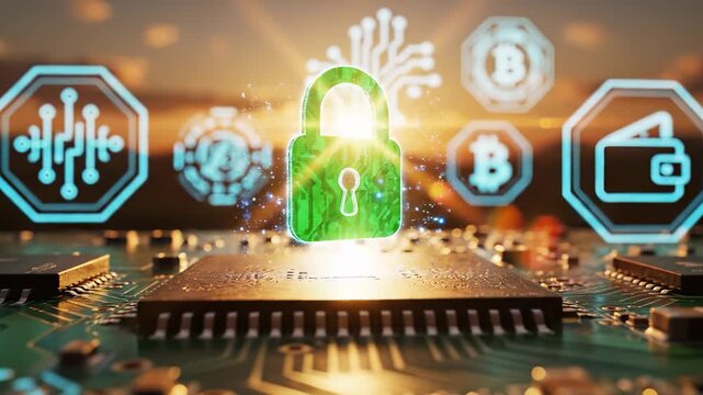 A glowing padlock symbol hovers above a circuit board, representing cybersecurity and digital safety. This digital lock symbolizes security in a world of evolving technology and tr