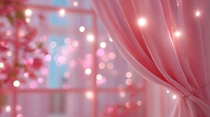 Draped pink sheer curtains illuminated by glowing fairy lights and out of focus floral elements evoke a magical and romantic ambiance