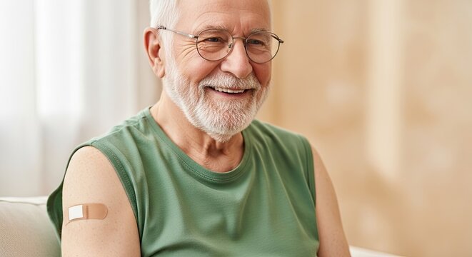 Happy senior man showing off his vaccination bandage with pride and a big smile - Powered by Adobe