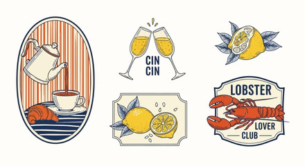 Retro Food and Drink Illustrations Lemon, Lobster, Coffee, and Toast with Vintage Labels
