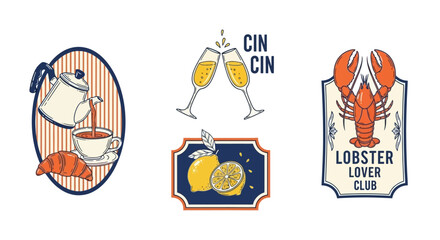 A curated collection of vintage-inspired food and beverage emblems, featuring designs for breakfast, seafood dining, and celebratory toasts