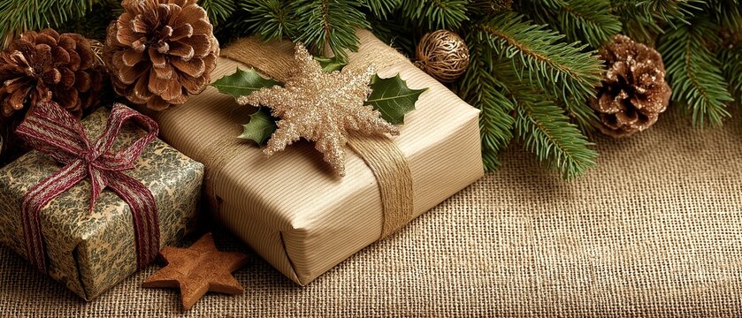 A rustic Christmas background with brown wrapping paper gold stars and pine cones featuring an elegant wrapped gift on burlap fabric