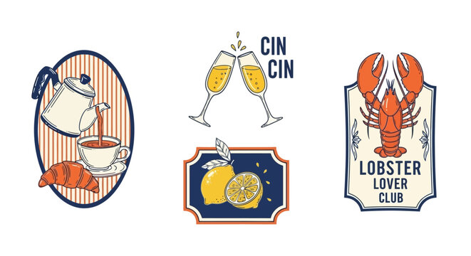 A curated collection of vintage-inspired food and beverage emblems, featuring designs for breakfast, seafood dining, and celebratory toasts