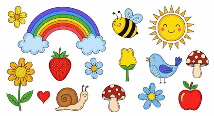 Cute Cartoon Spring Icons Rainbow, Bee, Flowers and other Spring Elements