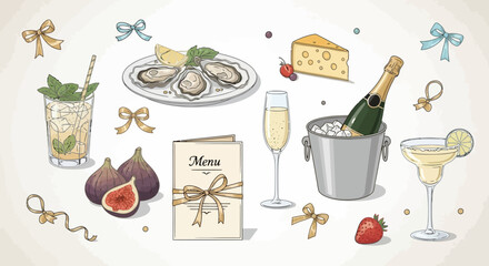 Elegant hand-drawn vector collection of celebratory elements for a party, featuring gourmet food, champagne, and classic cocktails